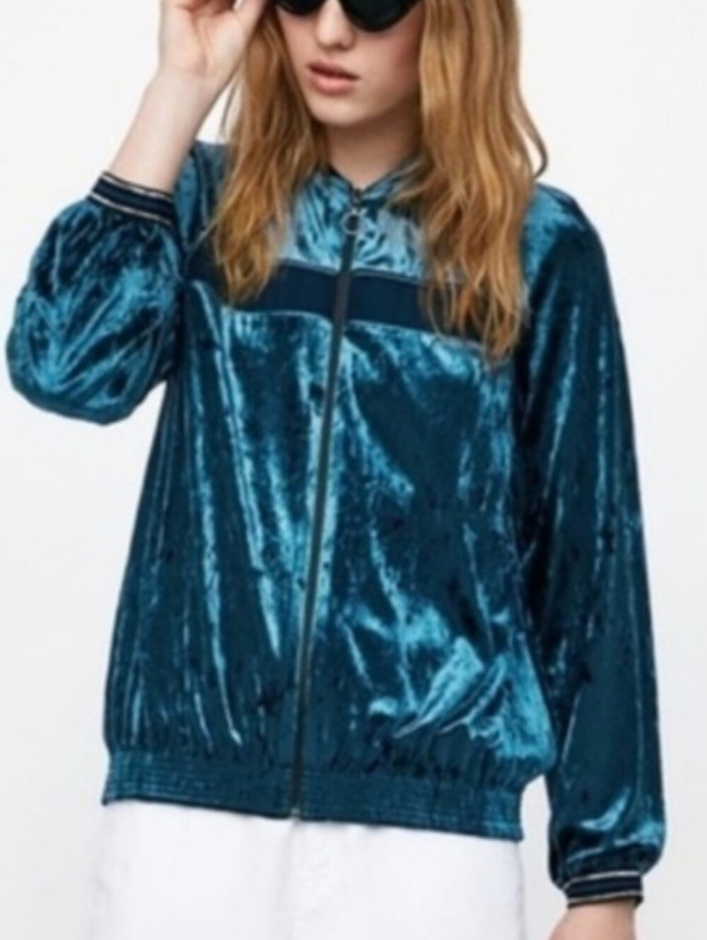 Zara Blue Velvet Bomber Jacket With Pockets Sz S